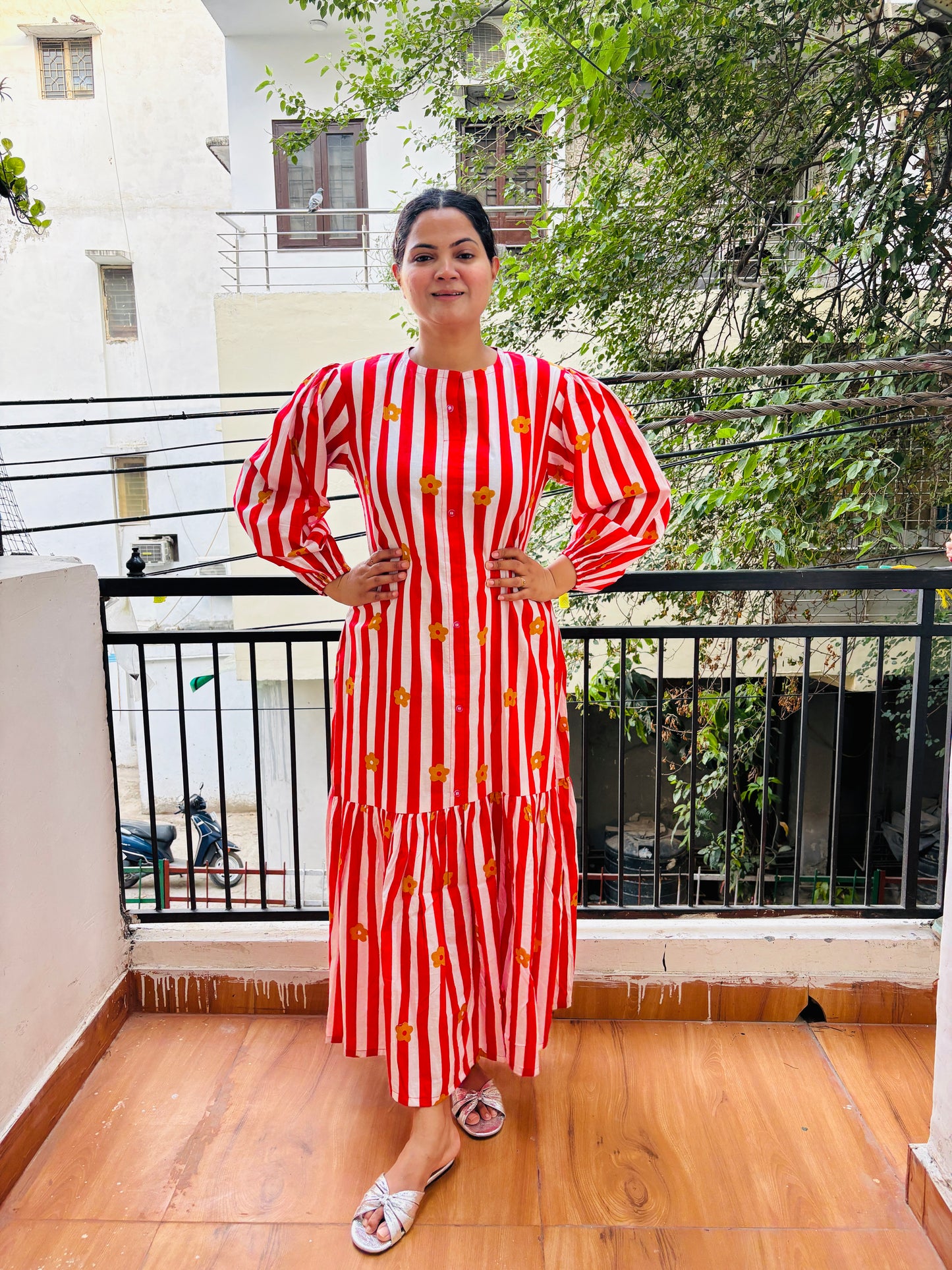 RED FLOWER STRIPE DRESS