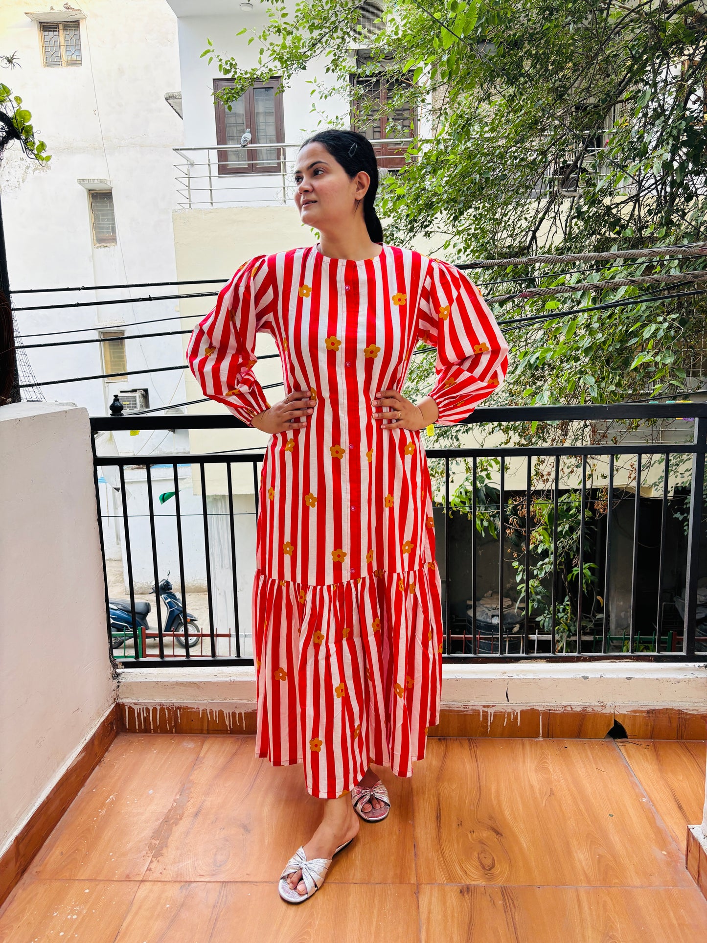 RED FLOWER STRIPE DRESS