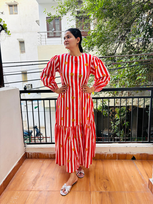 RED FLOWER STRIPE DRESS