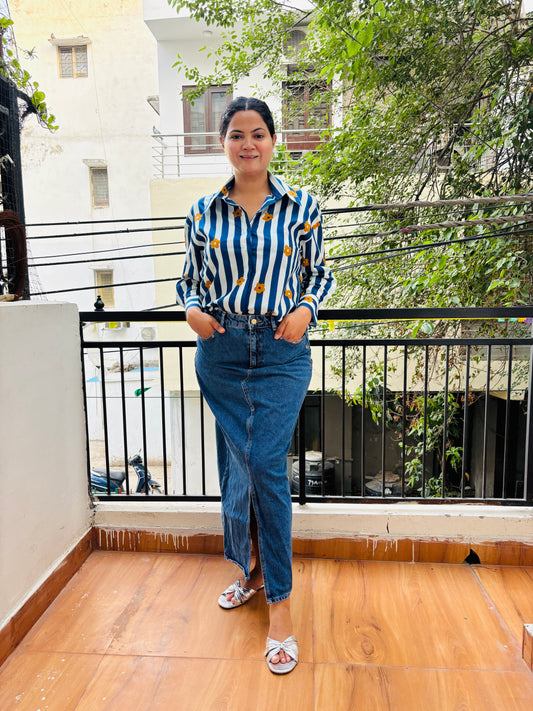 BLUE STRIPE FLOWER SHIRT