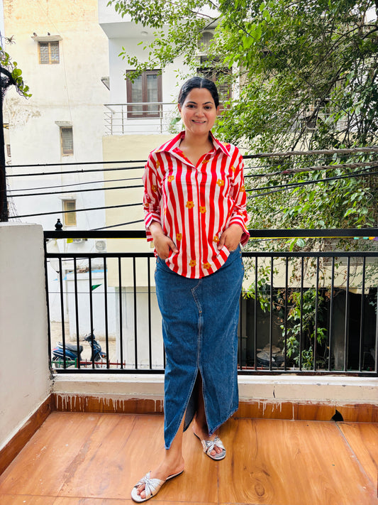 RED STRIPE FLOWER SHIRT